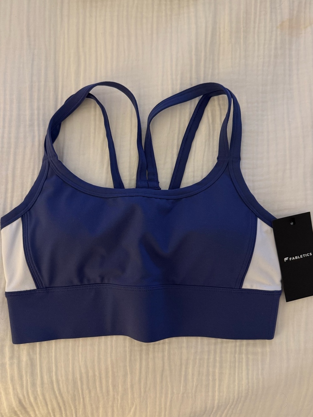 Fabletics Navy Blue Sports Bra with White Side Panels